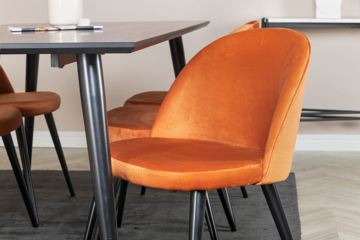 Venture Design Dipp & Velvet Rektangulära Matbord 180 x 90 Svart + Matstolar 2-pack Rostig orange