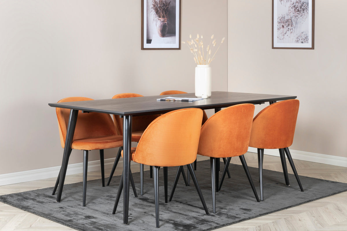 Venture Design Dipp & Velvet Rektangulära Matbord 180 x 90 Svart + Matstolar 2-pack Rostig orange