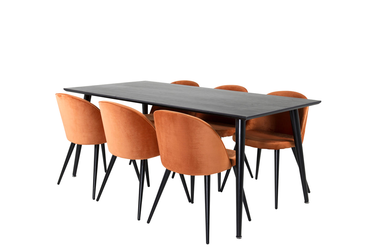 Venture Design Dipp & Velvet Rektangulära Matbord 180 x 90 Svart + Matstolar 2-pack Rostig orange