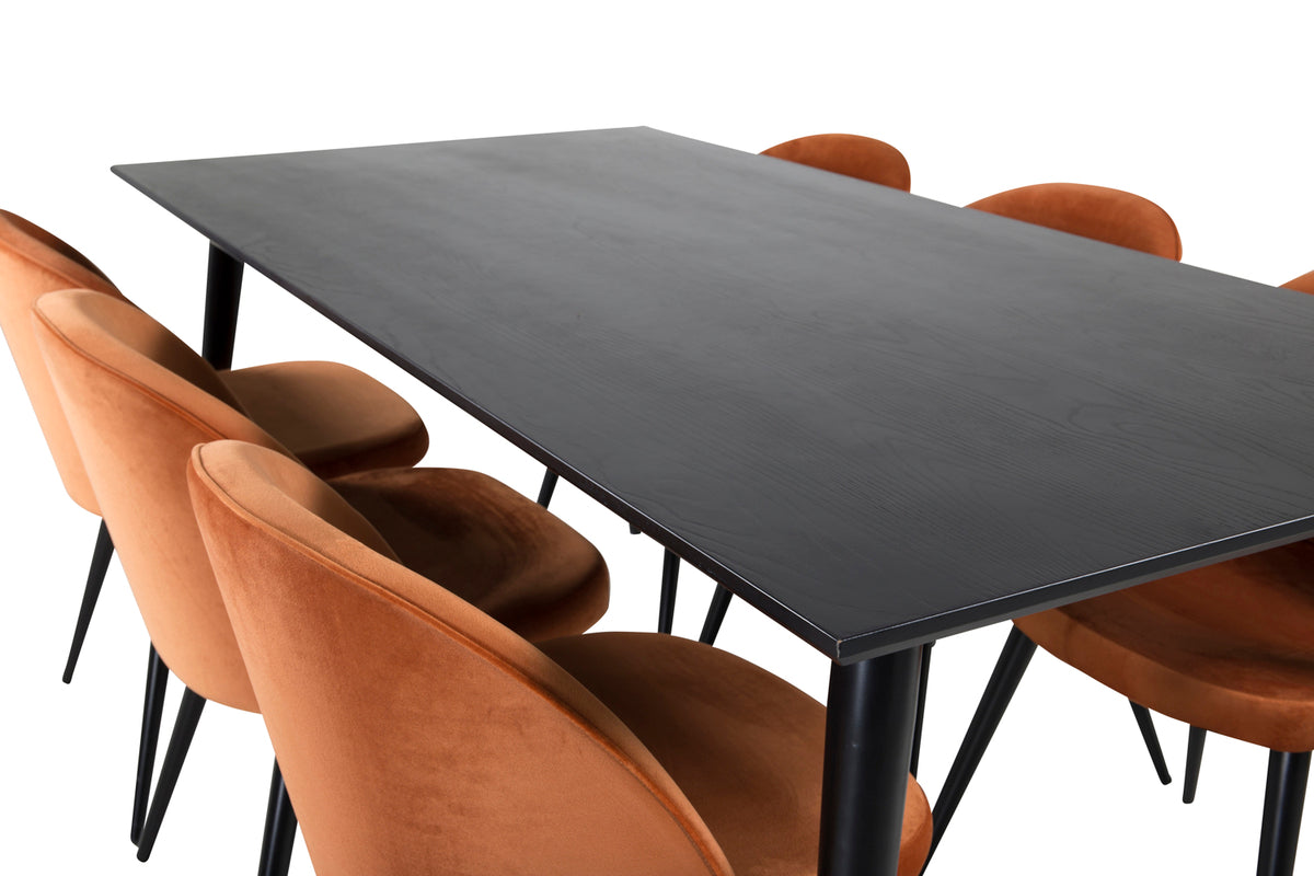 Venture Design Dipp & Velvet Rektangulära Matbord 180 x 90 Svart + Matstolar 2-pack Rostig orange