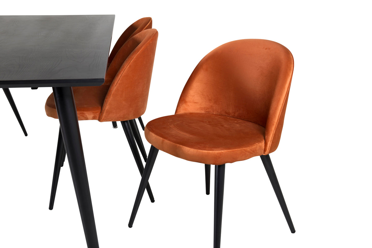 Venture Design Dipp & Velvet Rektangulära Matbord 180 x 90 Svart + Matstolar 2-pack Rostig orange
