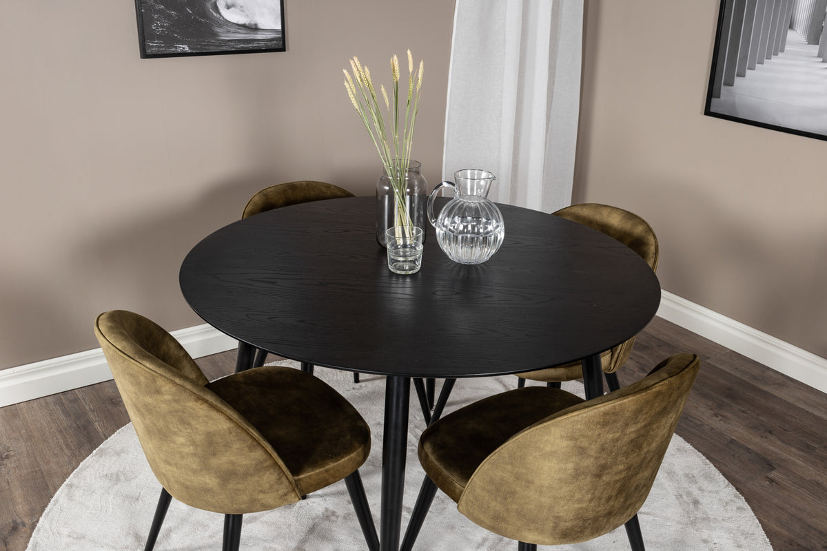 Venture Design Dipp & Velvet Runda Matbord ⌀115 Svart + Matstolar 2-pack Grön