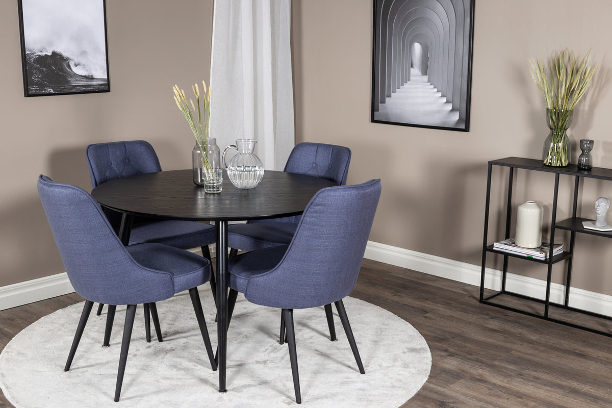 Venture Design Dipp & Velvet Deluxe Runda Matbord ⌀115 Svart + Matstolar 2-pack Blå