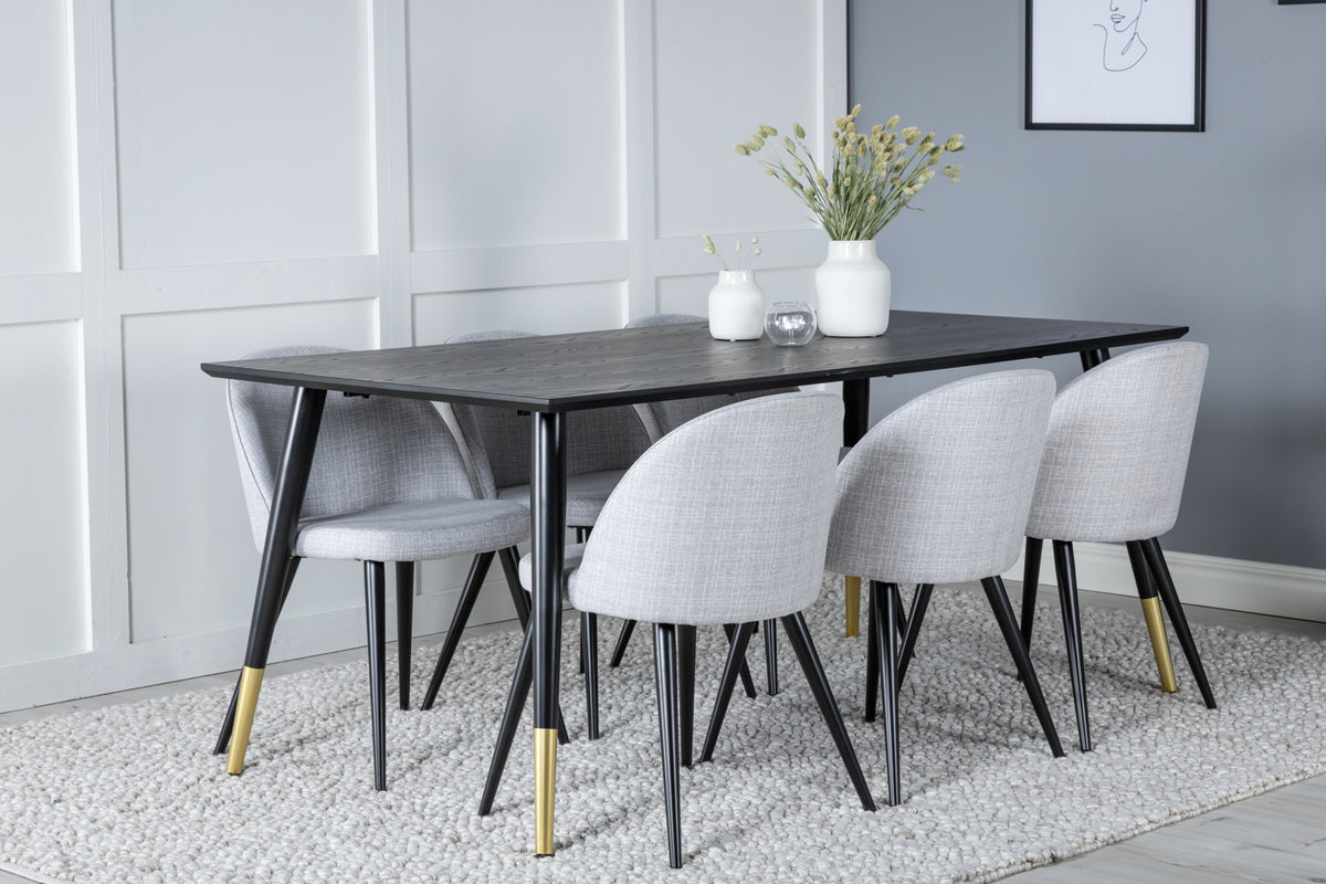 Venture Design Dipp & Velvet Rektangulära Matbord 180 x 90 Svart + Matstolar 2-pack Grå