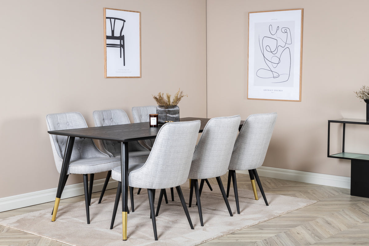 Venture Design Dipp & Velvet Deluxe Rektangulära Matbord 180 x 90 Svart + Matstolar 2-pack Grå