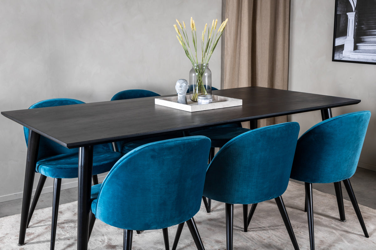Venture Design Dipp & Velvet Rektangulära Matbord 180 x 90 Svart + Matstolar 2-pack Blå