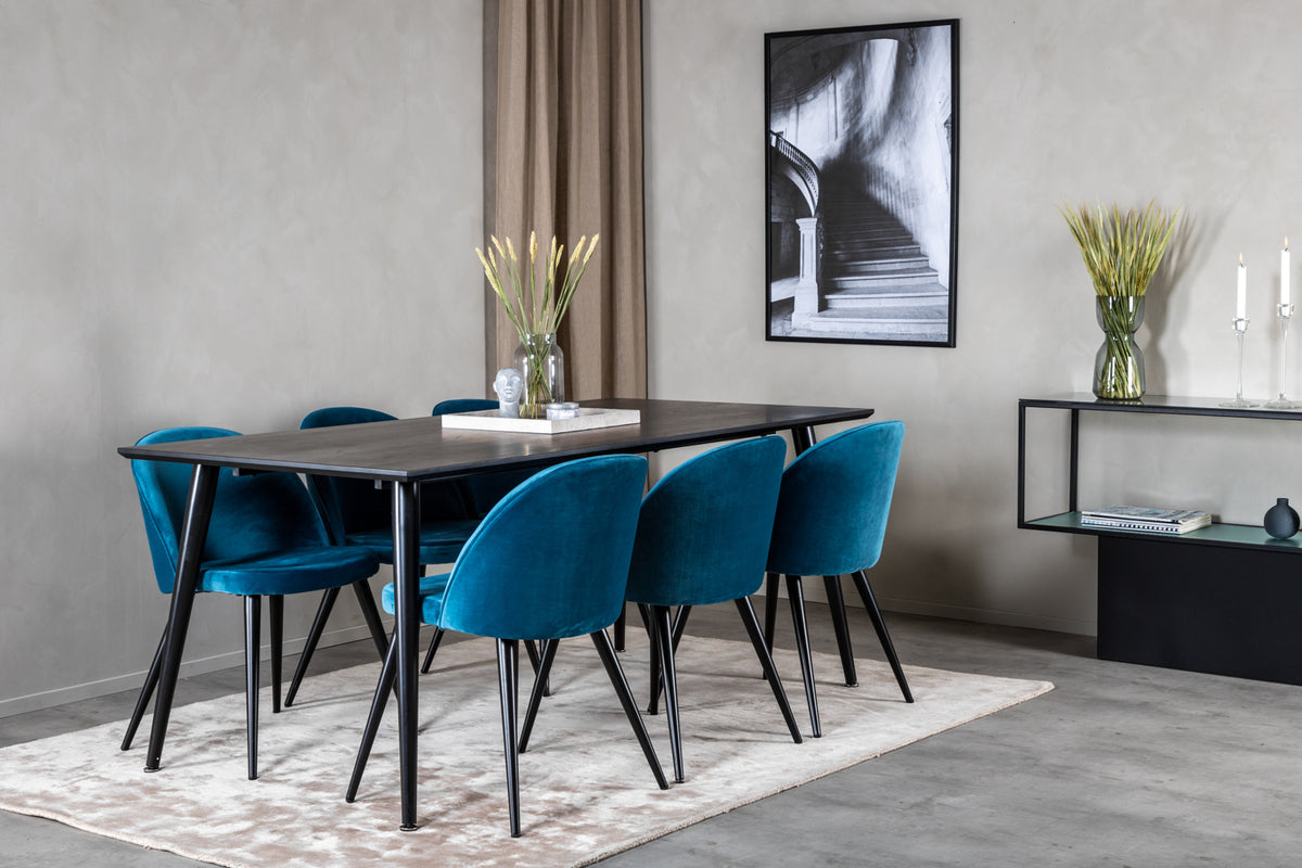 Venture Design Dipp & Velvet Rektangulära Matbord 180 x 90 Svart + Matstolar 2-pack Blå