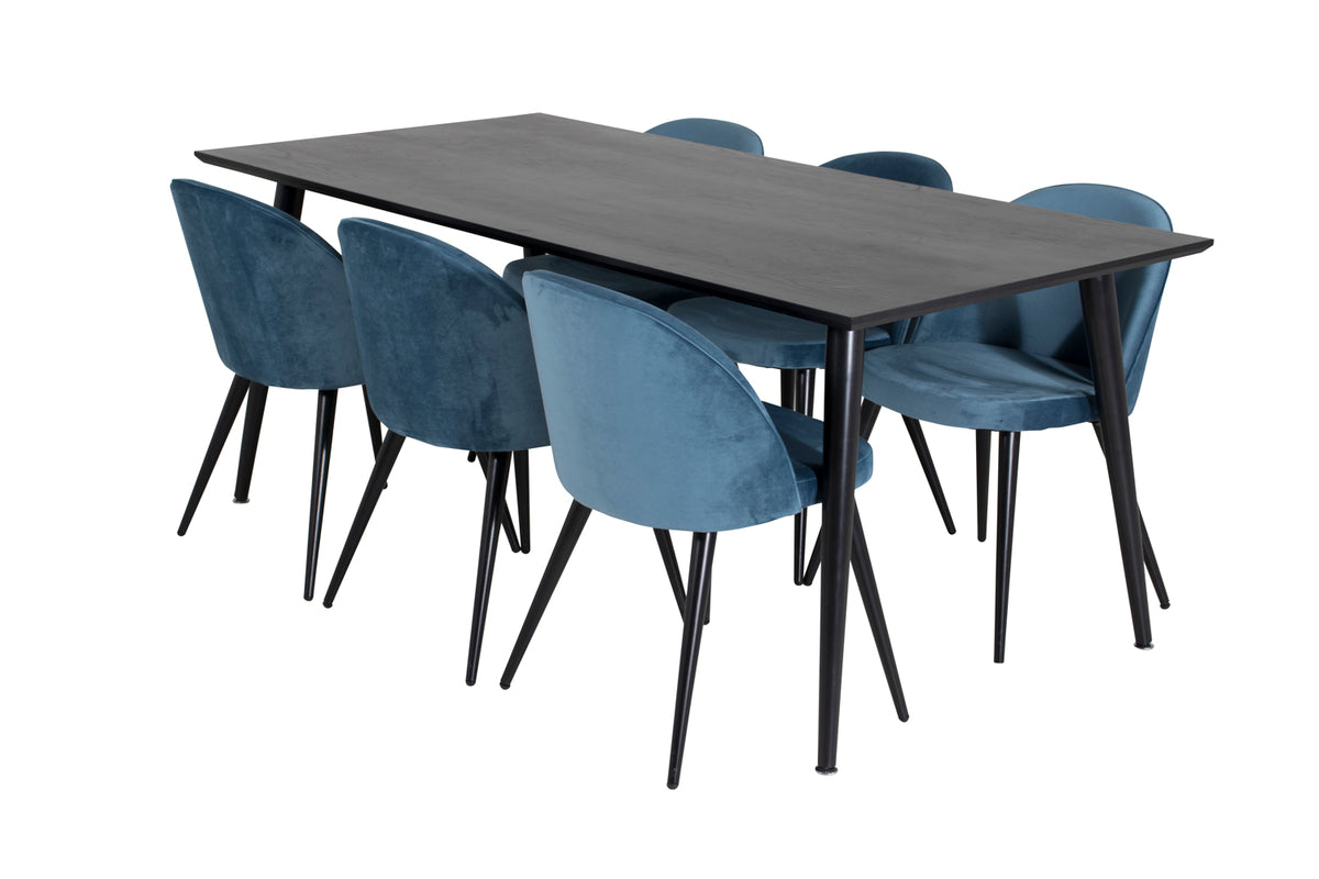 Venture Design Dipp & Velvet Rektangulära Matbord 180 x 90 Svart + Matstolar 2-pack Blå