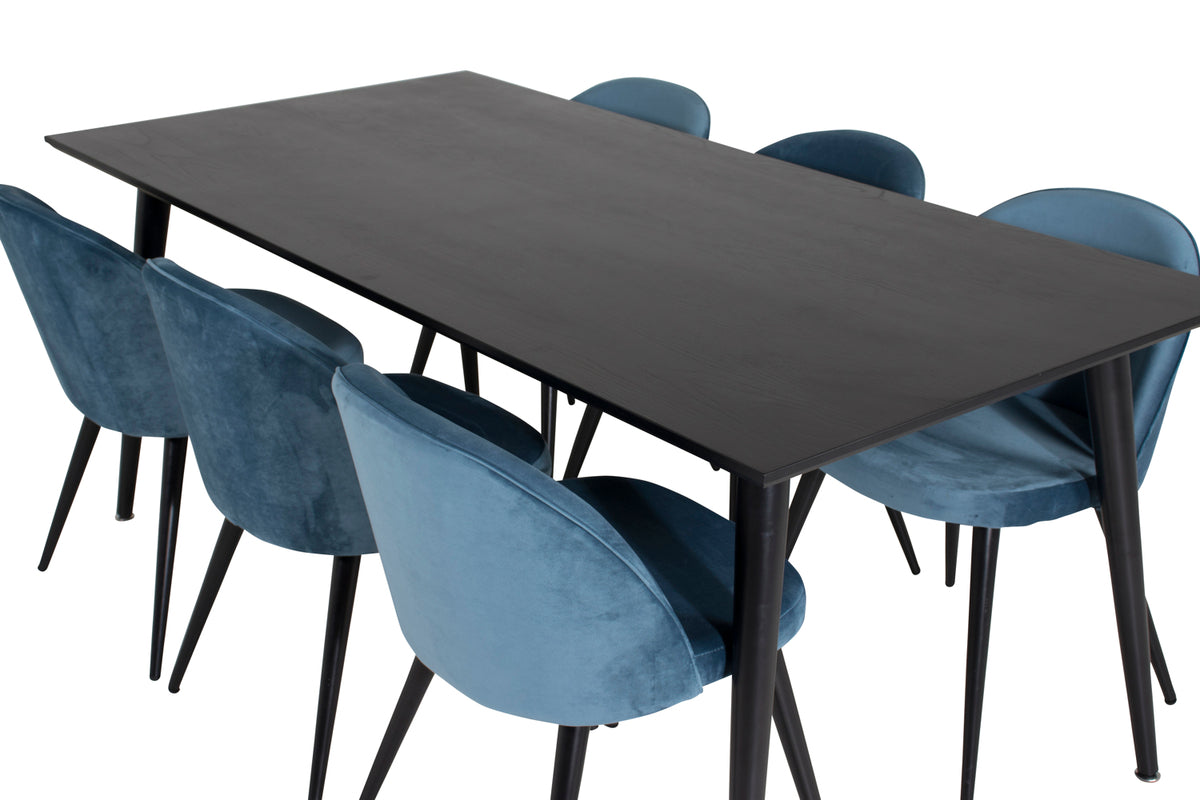 Venture Design Dipp & Velvet Rektangulära Matbord 180 x 90 Svart + Matstolar 2-pack Blå