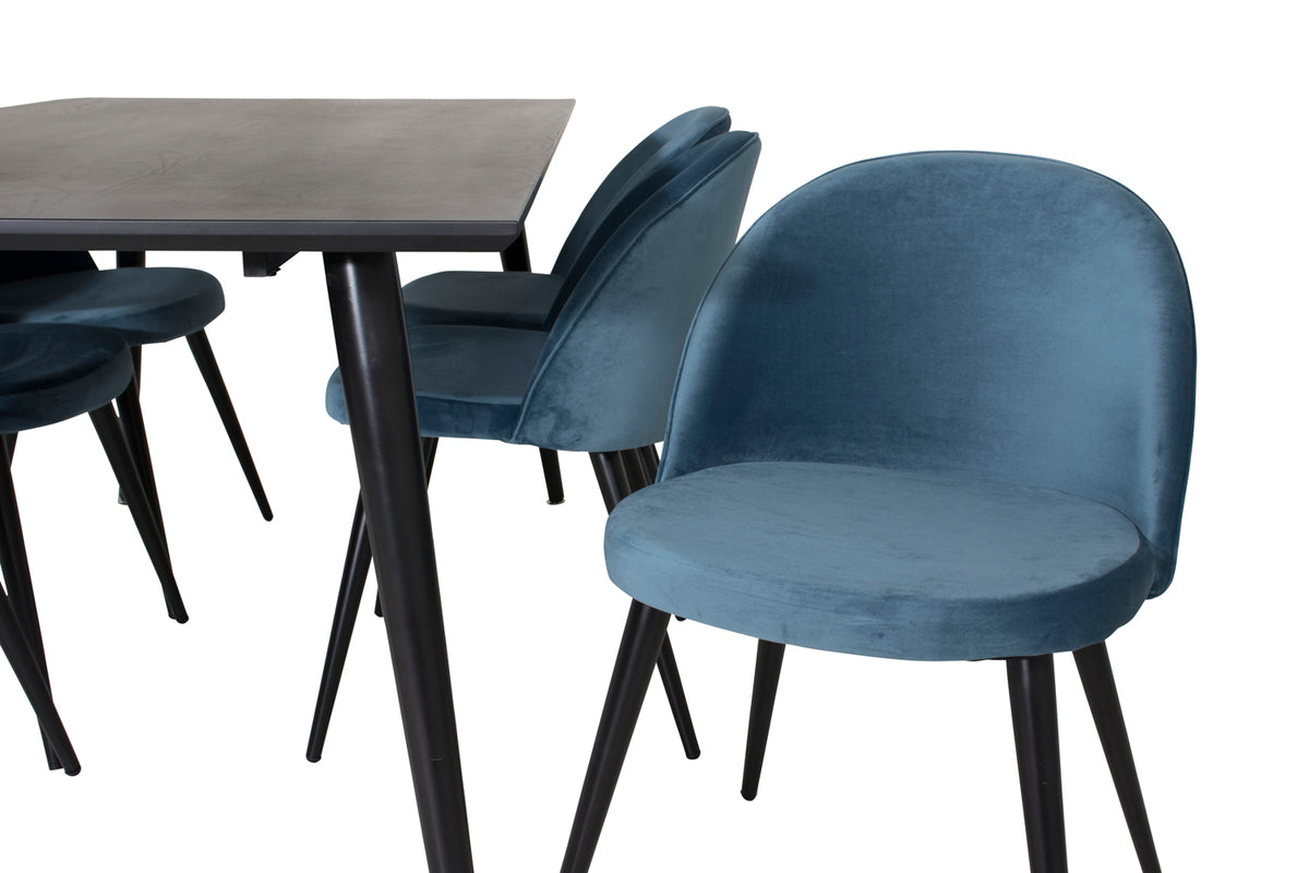 Venture Design Dipp & Velvet Rektangulära Matbord 180 x 90 Svart + Matstolar 2-pack Blå