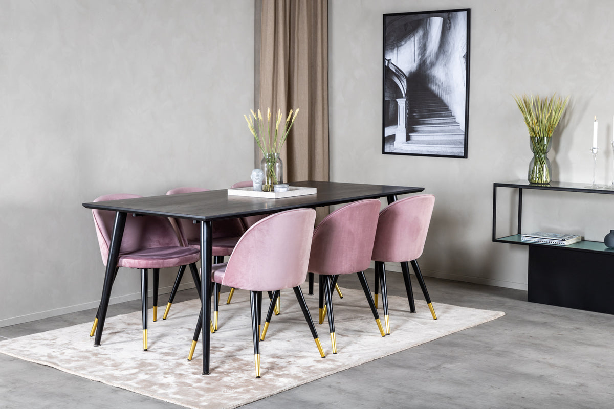 Venture Design Dipp & Velvet Rektangulära Matbord 180 x 90 Svart + Matstolar 2-pack Gammelrosa