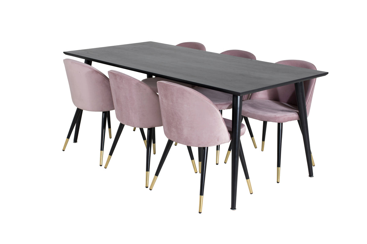 Venture Design Dipp & Velvet Rektangulära Matbord 180 x 90 Svart + Matstolar 2-pack Gammelrosa