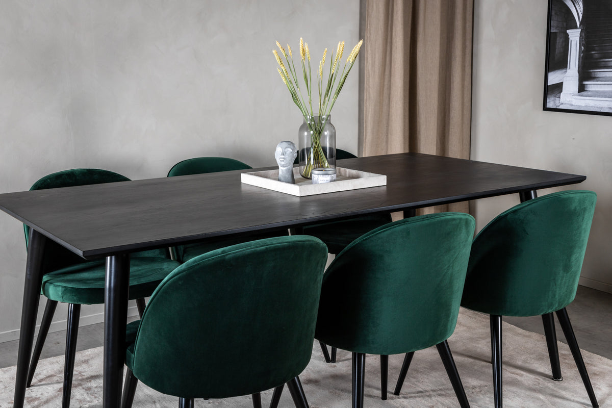 Venture Design Dipp & Velvet Rektangulära Matbord 180 x 90 Svart + Matstolar 2-pack Grön