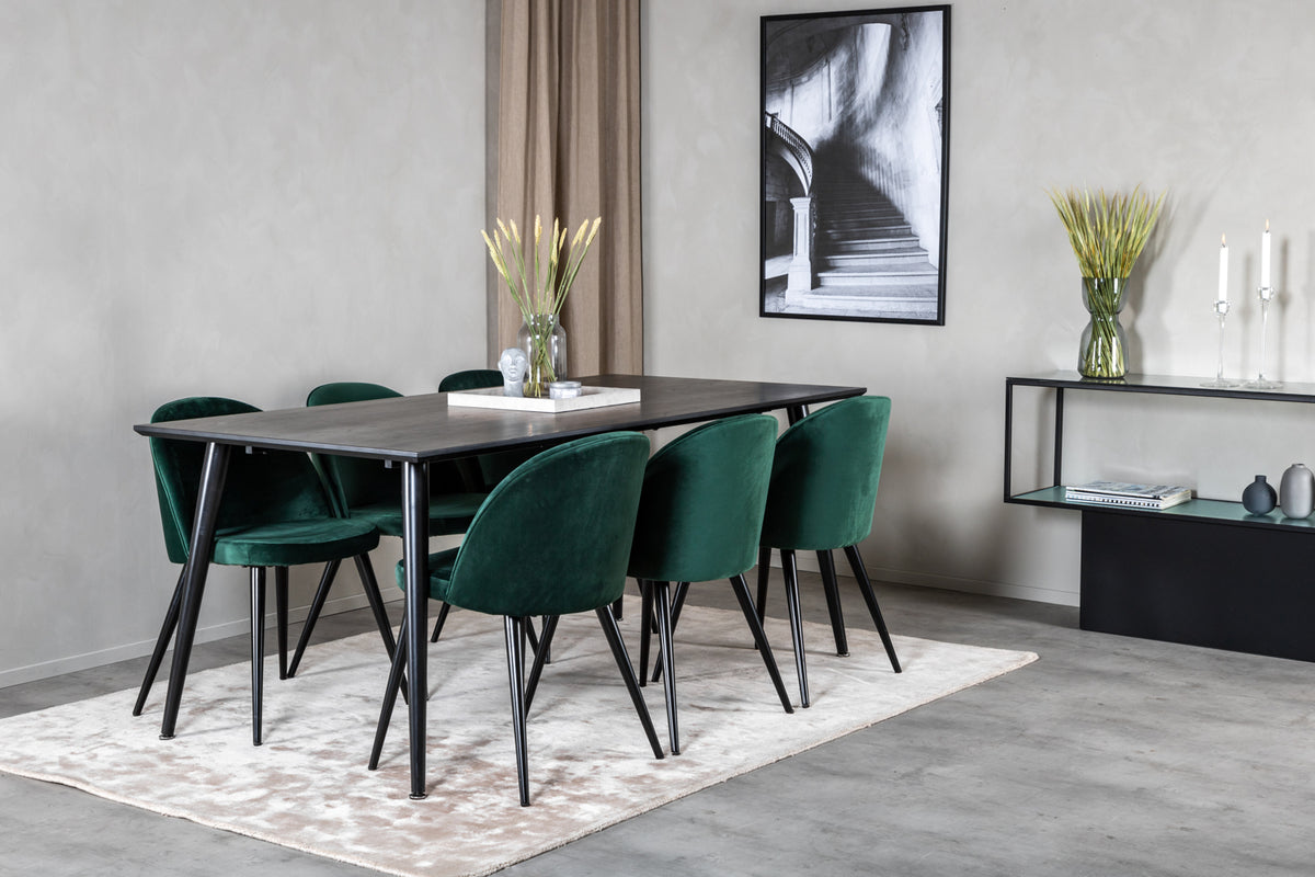 Venture Design Dipp & Velvet Rektangulära Matbord 180 x 90 Svart + Matstolar 2-pack Grön