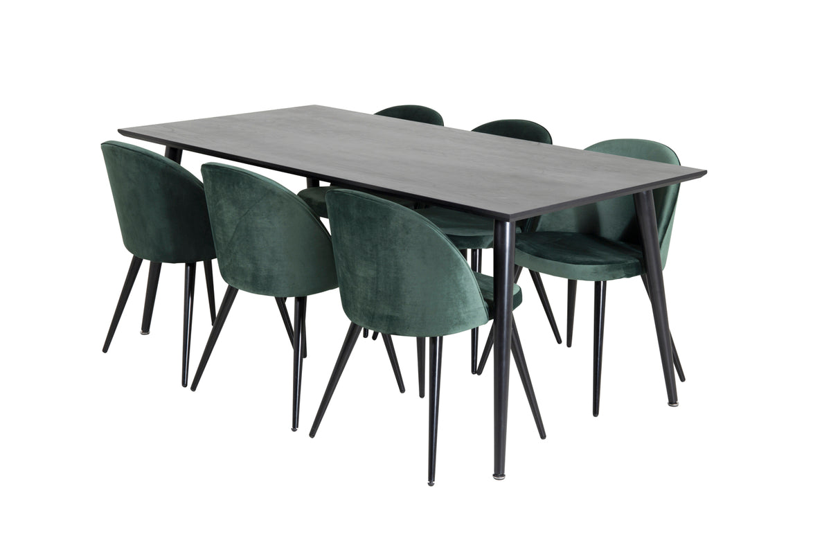 Venture Design Dipp & Velvet Rektangulära Matbord 180 x 90 Svart + Matstolar 2-pack Grön