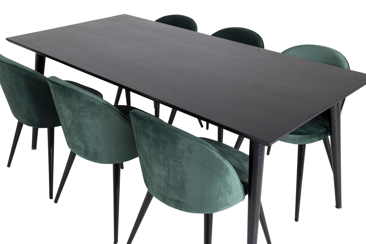 Venture Design Dipp & Velvet Rektangulära Matbord 180 x 90 Svart + Matstolar 2-pack Grön