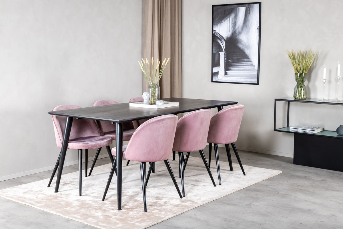 Venture Design Dipp & Velvet Rektangulära Matbord 180 x 90 Svart + Matstolar 2-pack Gammelrosa