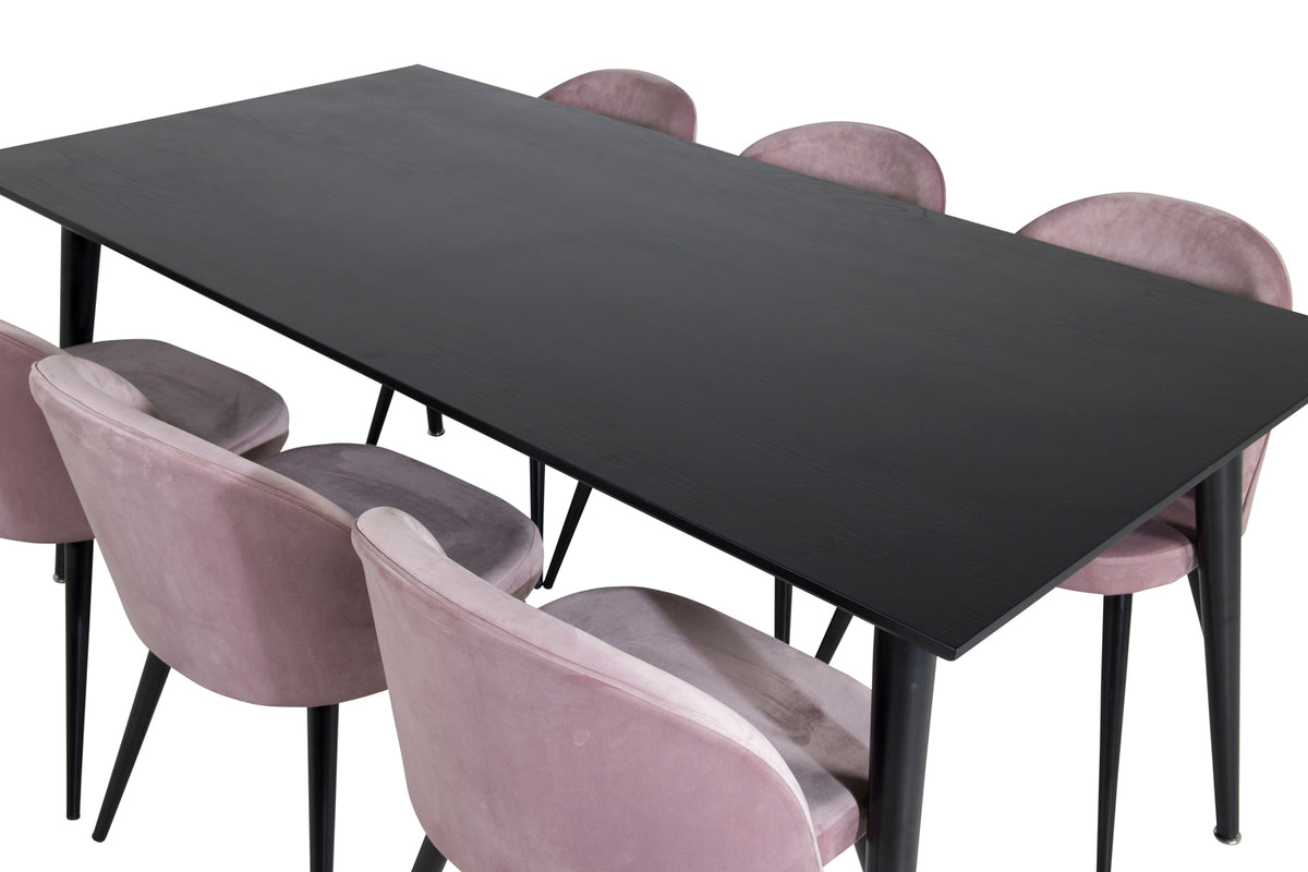 Venture Design Dipp & Velvet Rektangulära Matbord 180 x 90 Svart + Matstolar 2-pack Gammelrosa
