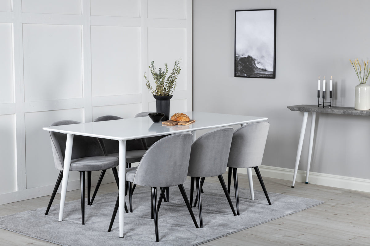 Venture Design Polar & Velvet Rektangulära Matbord 180 x 90 Vit + Matstolar 2-pack Grå