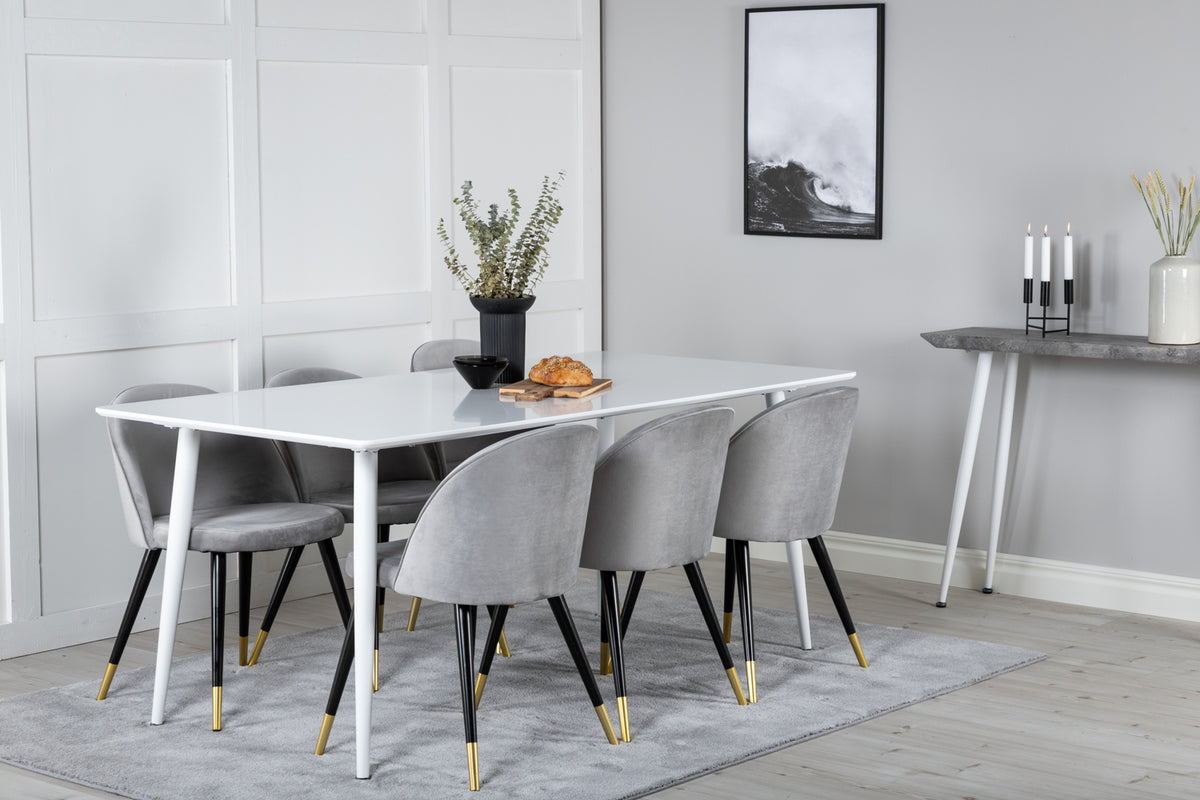 Venture Design Polar & Velvet Rektangulära Matbord 180 x 90 Vit + Matstolar 2-pack Grå