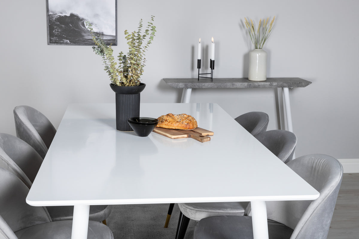 Venture Design Polar & Velvet Rektangulära Matbord 180 x 90 Vit + Matstolar 2-pack Grå