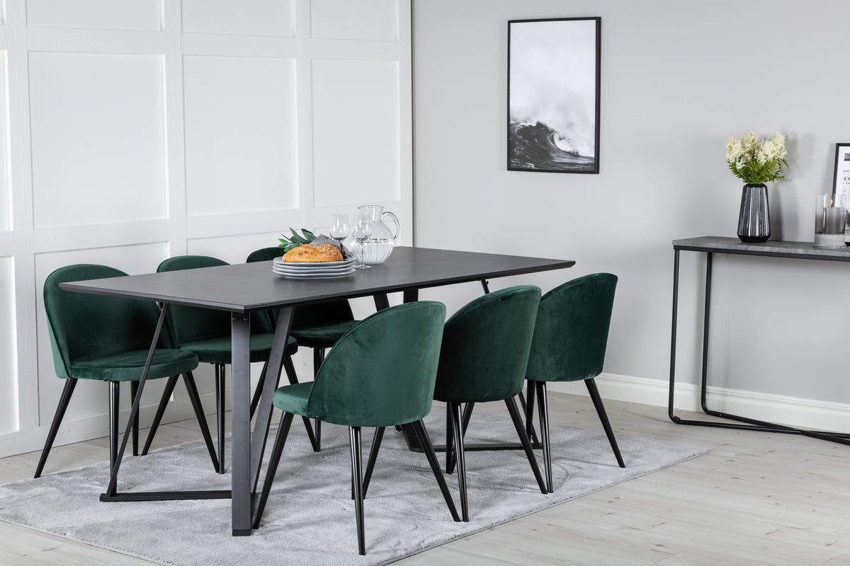 Venture Design Velvet & Marina Matstolar 2-pack Grön + Rektangulära Matbord 180 x 90 Svart