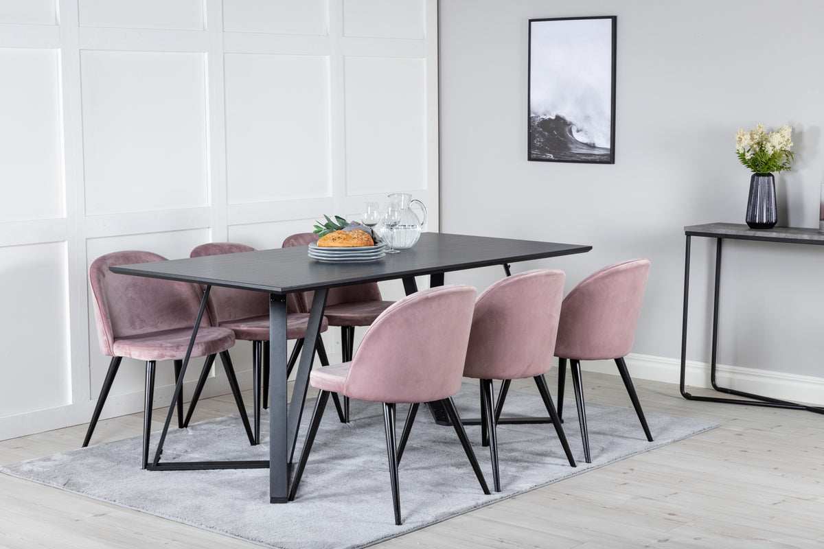 Venture Design Velvet & Marina Matstolar 2-pack Gammelrosa + Rektangulära Matbord 180 x 90 Svart