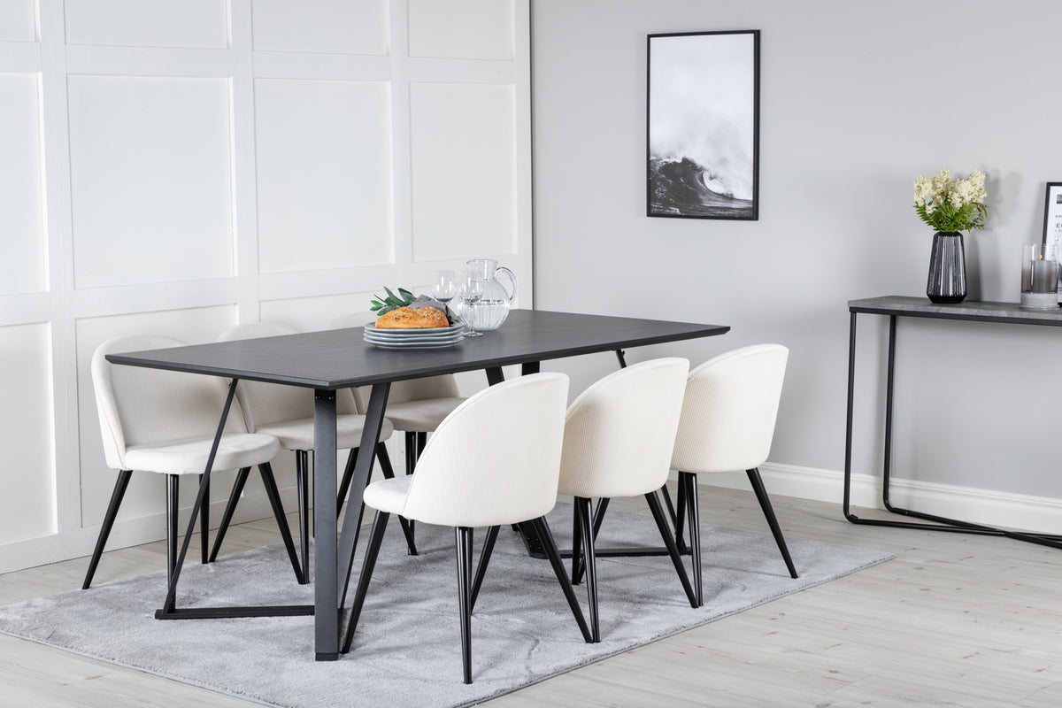 Venture Design Marina & Velvet Rektangulära Matbord 180 x 90 Svart + Matstolar 2-pack Grädde