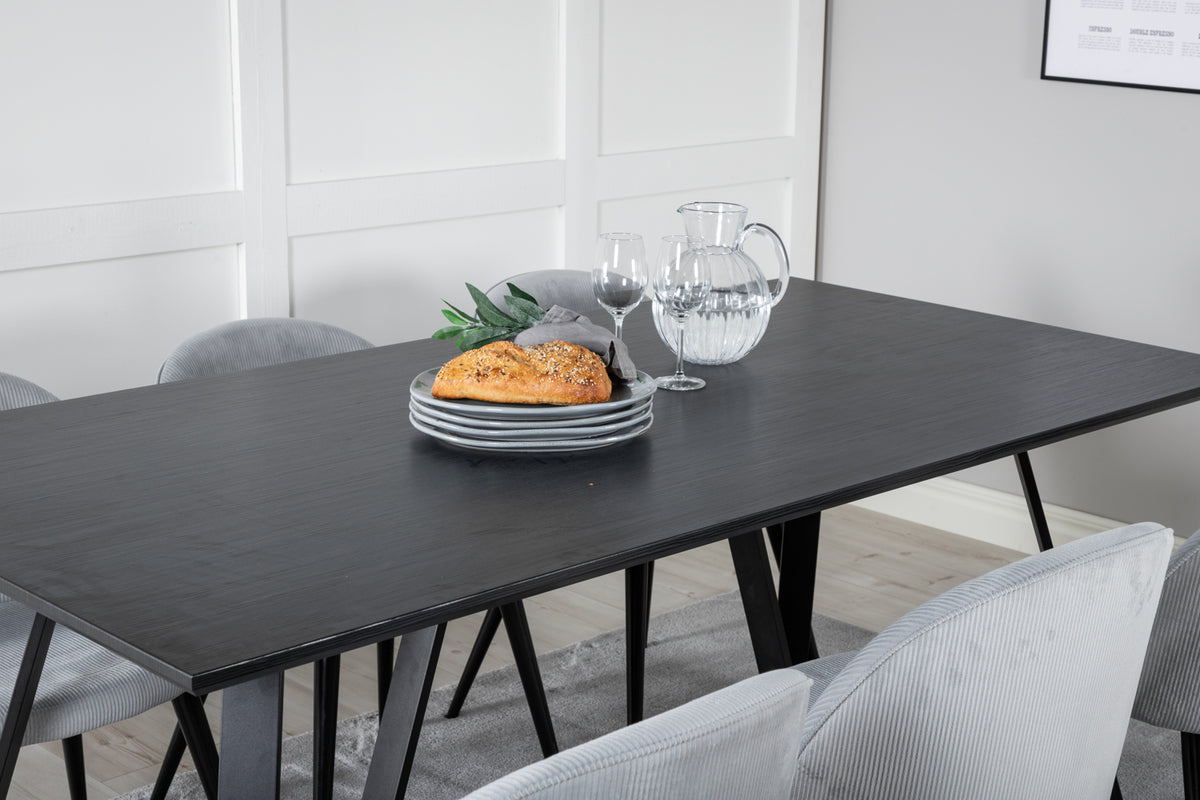 Venture Design Marina & Velvet Rektangulära Matbord 180 x 90 Svart + Matstolar 2-pack Ljusgrå