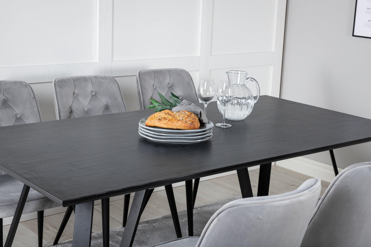 Venture Design Marina & Velvet Deluxe Rektangulära Matbord 180 x 90 Svart + Matstolar 2-pack Ljusgrå