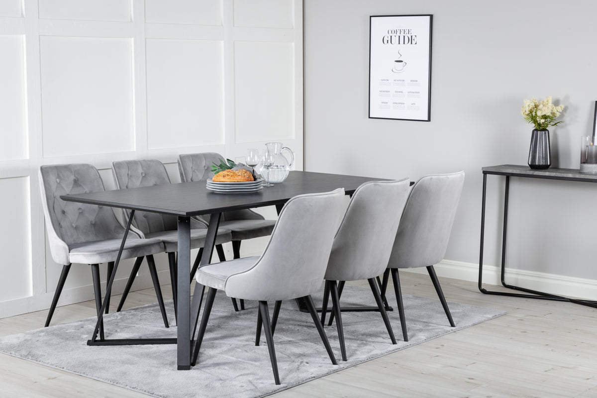Venture Design Marina & Velvet Deluxe Rektangulära Matbord 180 x 90 Svart + Matstolar 2-pack Ljusgrå