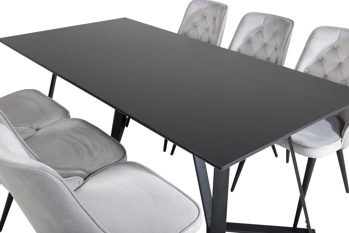 Venture Design Marina & Velvet Deluxe Rektangulära Matbord 180 x 90 Svart + Matstolar 2-pack Ljusgrå