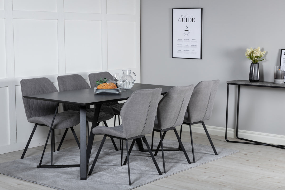 Venture Design Gemma & Marina Matstolar 2-pack Grå + Rektangulära Matbord 180 x 90 Svart