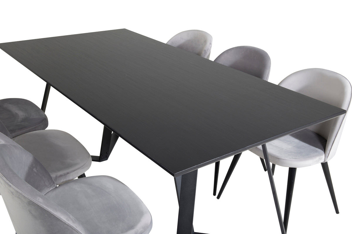 Venture Design Velvet & Marina Matstolar 2-pack Grå + Rektangulära Matbord 180 x 90 Svart