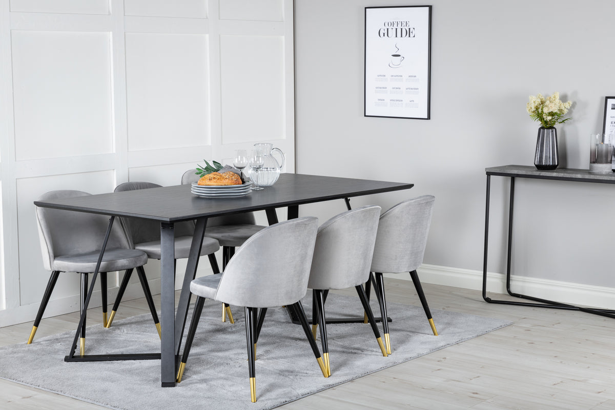 Venture Design Marina & Velvet Rektangulära Matbord 180 x 90 Svart + Matstolar 2-pack Grå