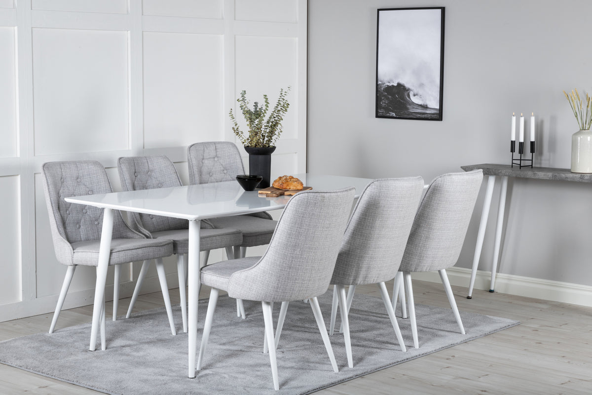 Venture Design Polar & Velvet Deluxe Rektangulära Matbord 180 x 90 Vit + Matstolar 2-pack Ljusgrå