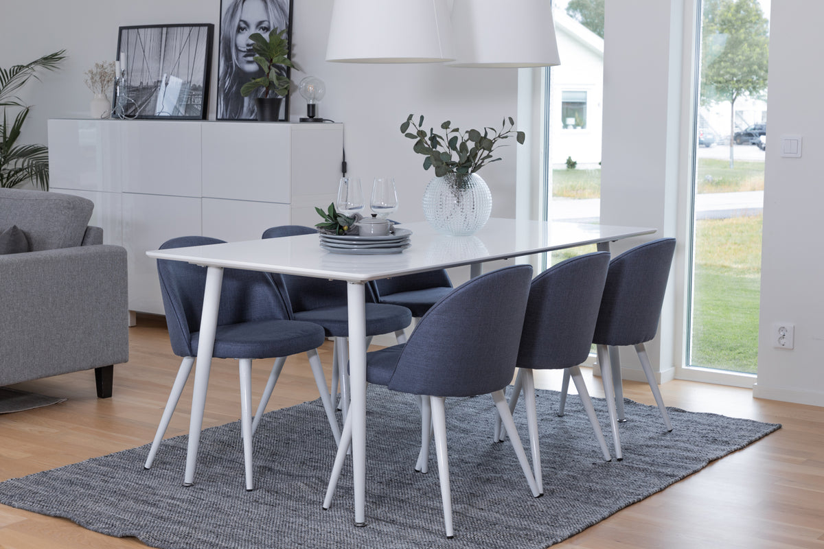 Venture Design Polar & Velvet Rektangulära Matbord 180 x 90 Vit + Matstolar 2-pack Blå