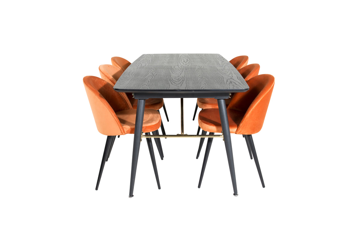 Venture Design Gold & Velvet Matbord 85x180 + Matstolar Rostig orange