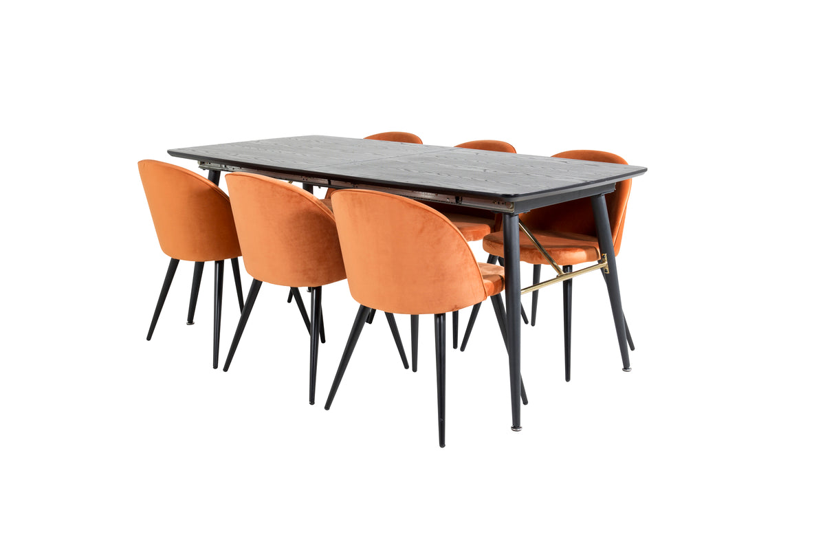 Venture Design Gold & Velvet Matbord 85x180 + Matstolar Rostig orange