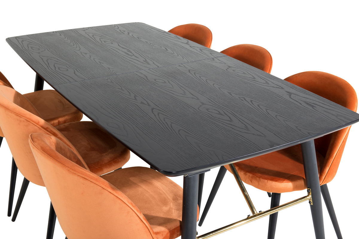 Venture Design Gold & Velvet Matbord 85x180 + Matstolar Rostig orange