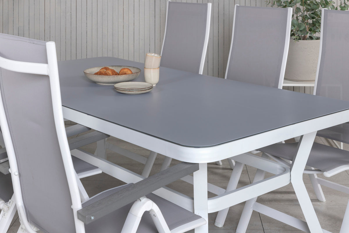 Venture Design Virya & Albany Rektangulära Matbord 74 x 200 x 100 Vit + Positionsstolar 2-pack Grå