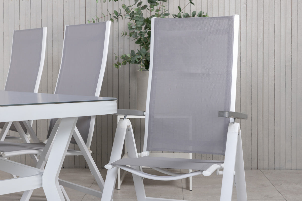 Venture Design Virya & Albany Rektangulära Matbord 74 x 200 x 100 Vit + Positionsstolar 2-pack Grå