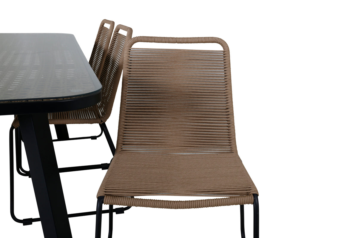 Venture Design Paola & Lindos Rektangulära Matbord 200 x 100 Svart + Matstolar 2-pack Brun
