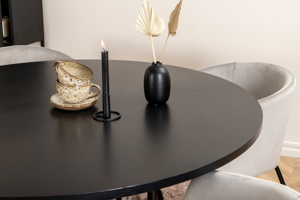 Venture Design Copenhagen & Berit Runda Matbord ⌀140 Svart + Matstolar Grå