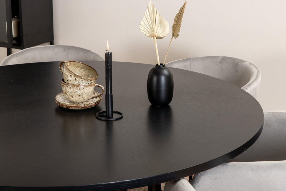Venture Design Copenhagen & Berit Runda Matbord ⌀140 Svart + Matstolar Grå