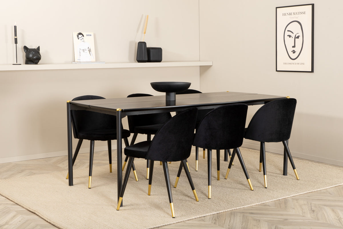 Venture Design Pelle & Velvet Rektangulära Matbord 190 x 90 Svart + Matstolar 2-pack Svart
