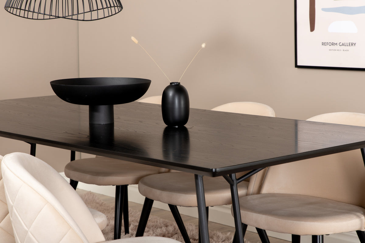 Venture Design Petra & Velvet Rektangulära Matbord 190 x 90 Svart + Matstolar 2-pack Beige