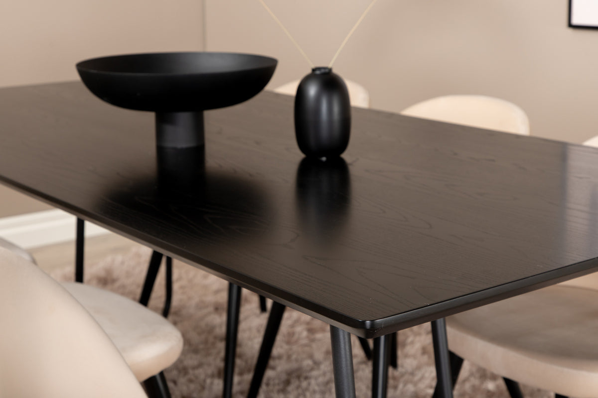 Venture Design Petra & Velvet Rektangulära Matbord 190 x 90 Svart + Matstolar 2-pack Beige