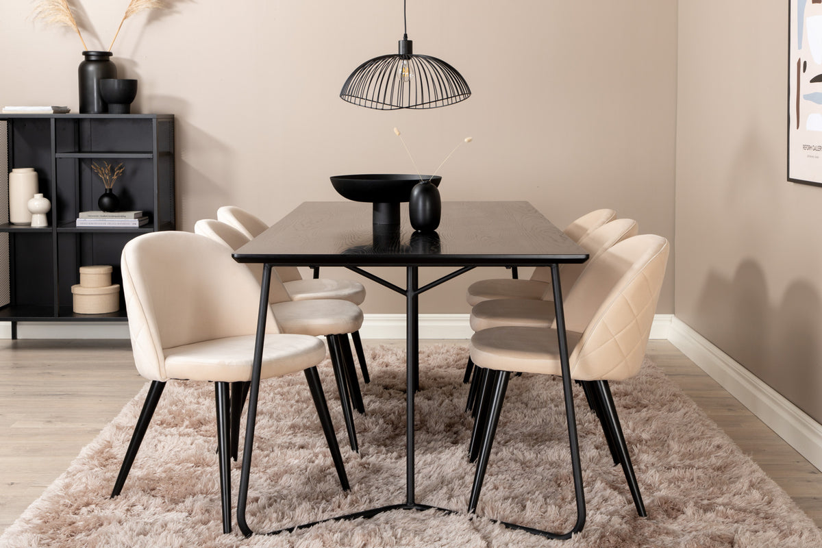 Venture Design Petra & Velvet Rektangulära Matbord 190 x 90 Svart + Matstolar 2-pack Beige