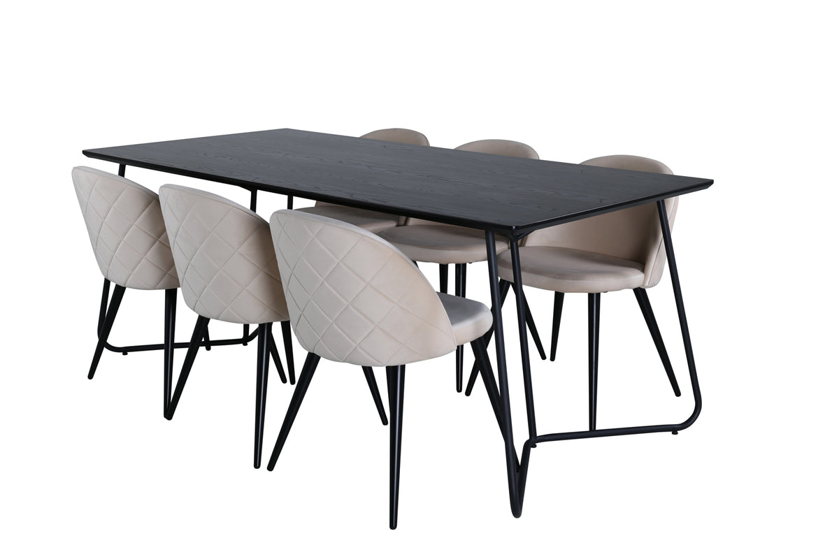 Venture Design Petra & Velvet Rektangulära Matbord 190 x 90 Svart + Matstolar 2-pack Beige